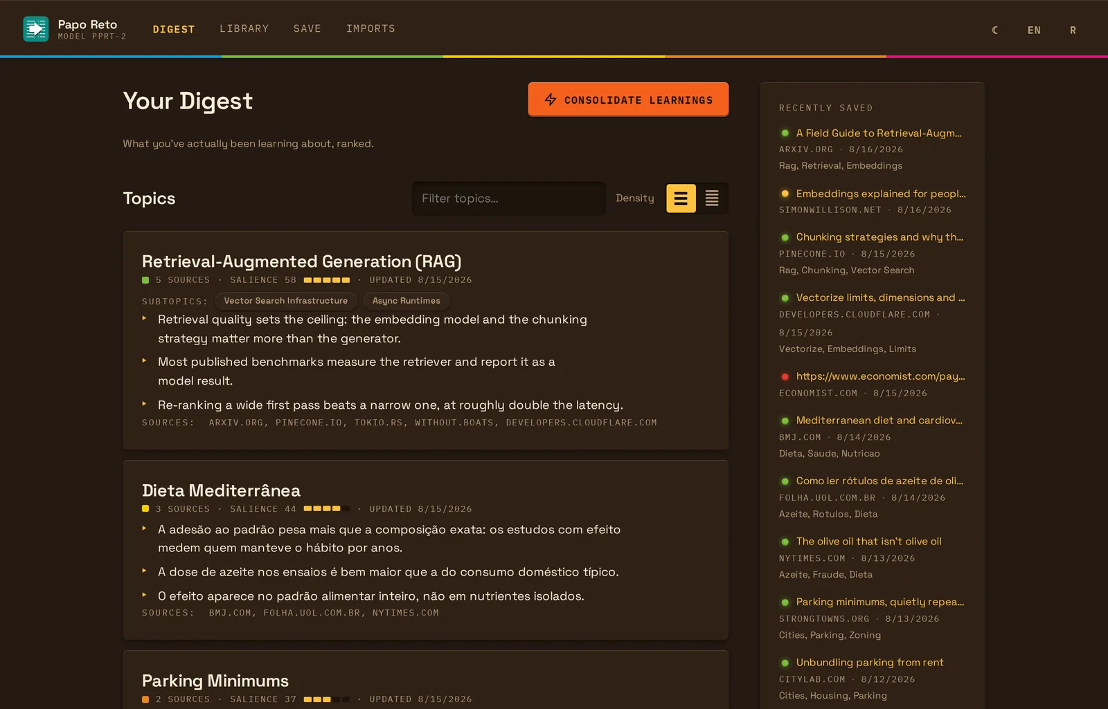The Digest screen: topics ranked by salience, each with a synthesis and its sources.