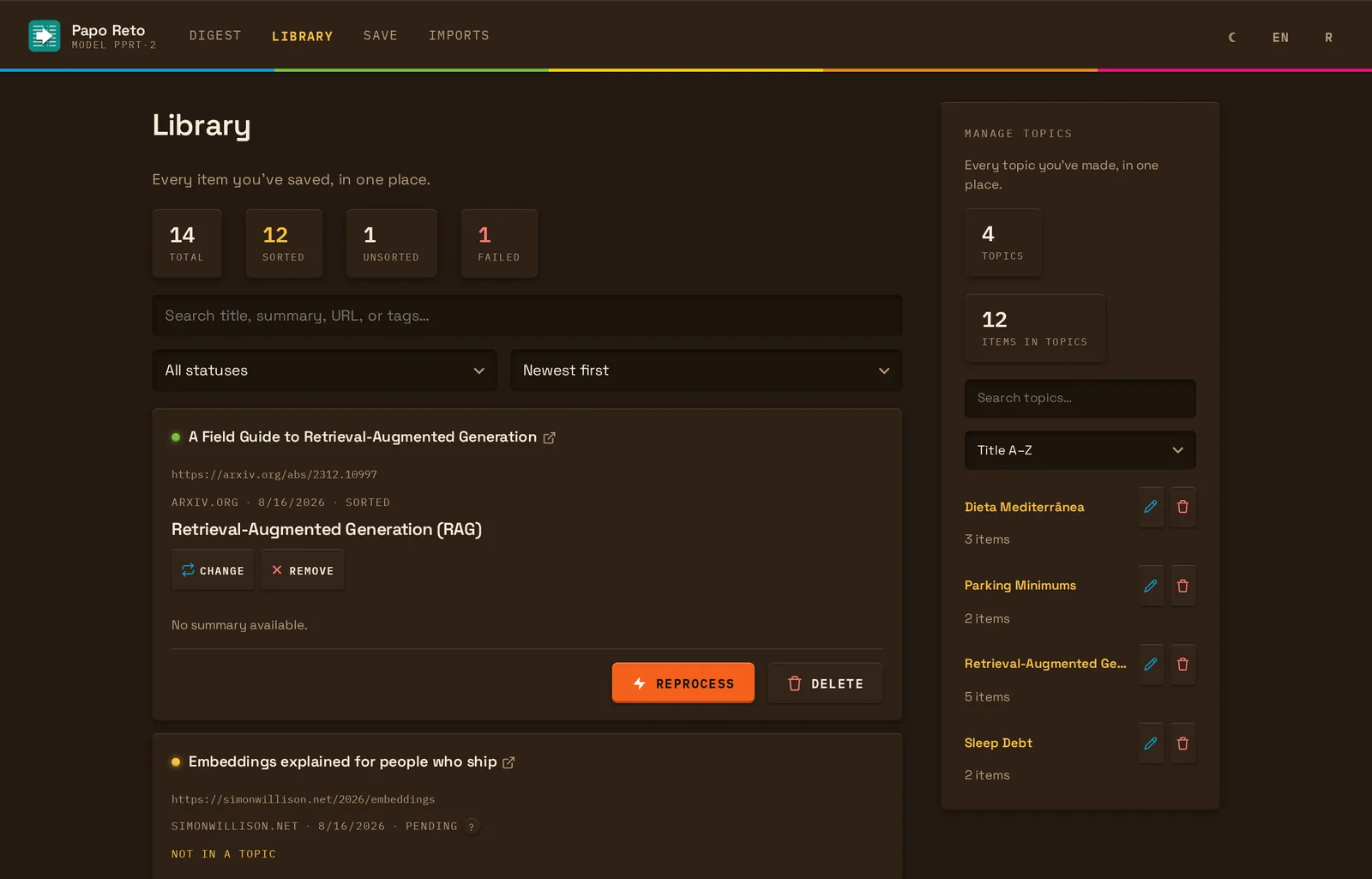 The Library screen: every saved item with its status, filters and counts.