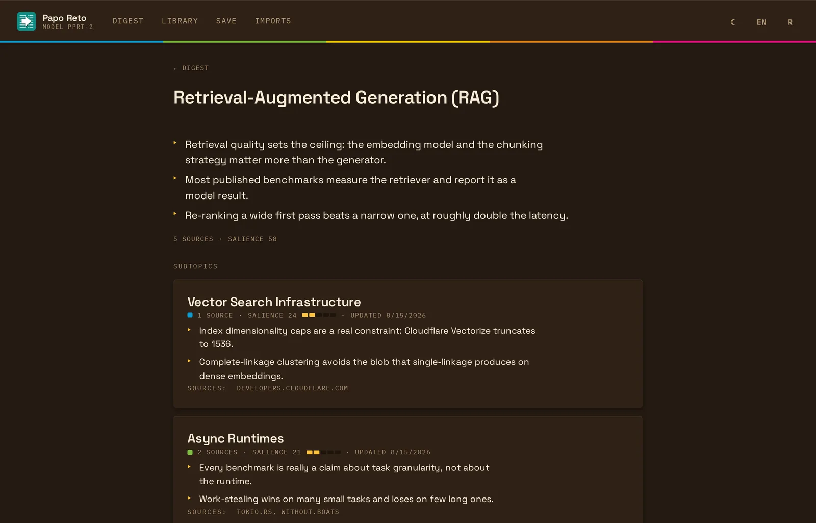 A topic page: its synthesis, subtopic chips and the list of sources it was built from.